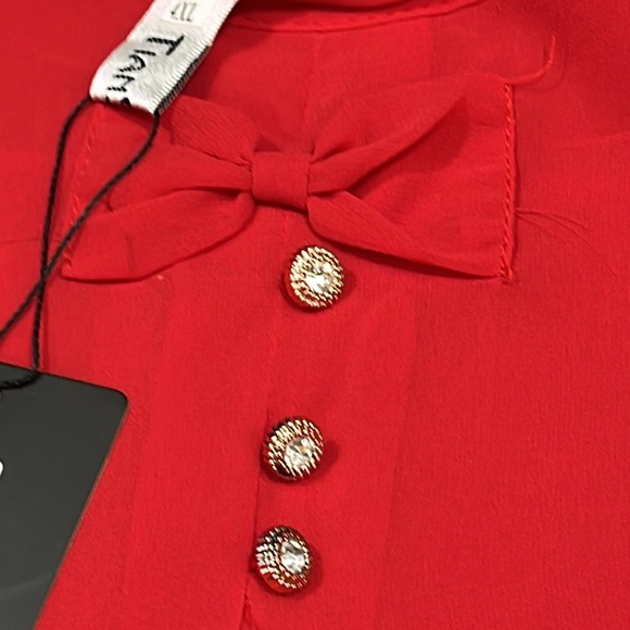 Coquette lolita RED chiffon SHEER blouse short flutter sleeves gem BOW TIE shirt - Picture 5 of 16